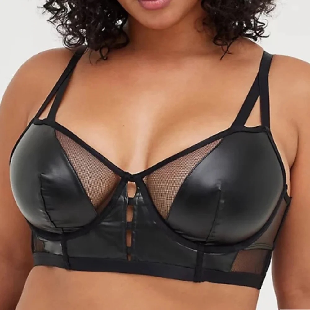 Torrid Black Faux Leather & Mesh Bralette, Sizes 0X, 3X, 4X - Picture 2 of 6